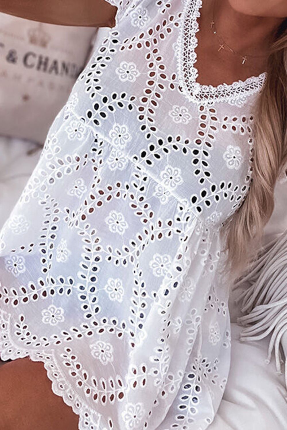 Eyelet V-Neck Cap Sleeve Blouse