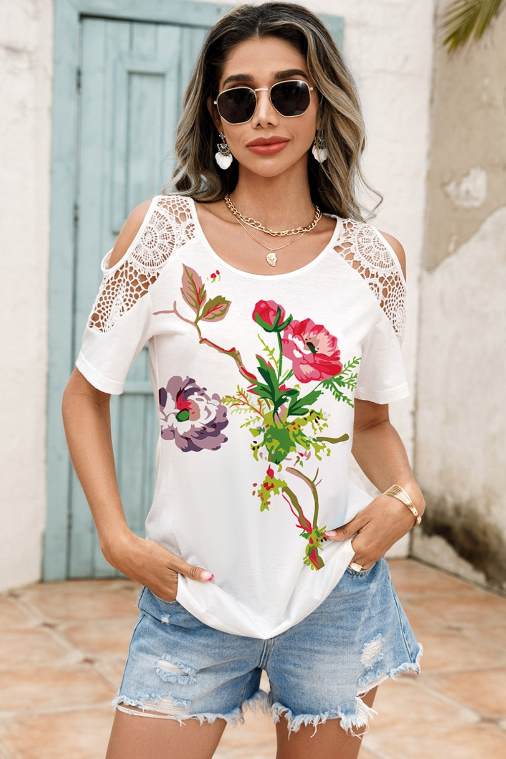 Lace Detail Round Neck Cold Shoulder Blouse