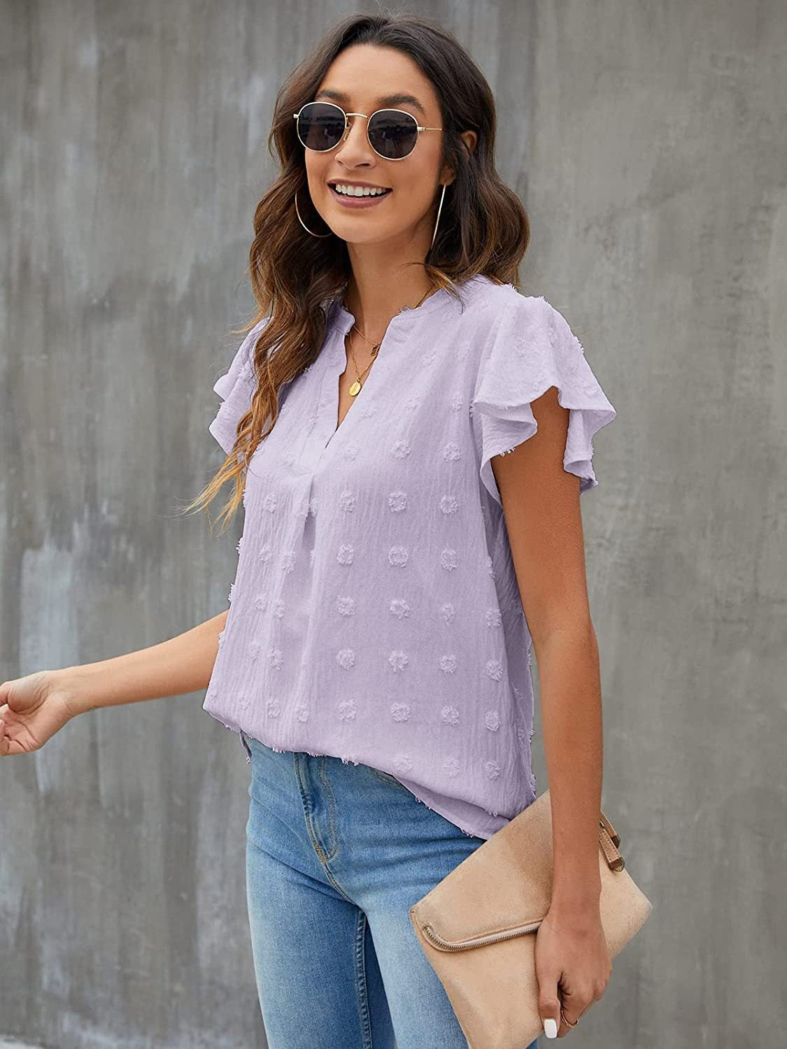 Swiss Dot Notched Flutter Sleeve Blouse