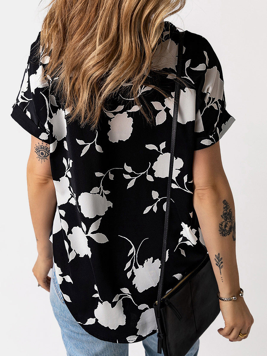 Full Size Printed Notched Short Sleeve Blouse